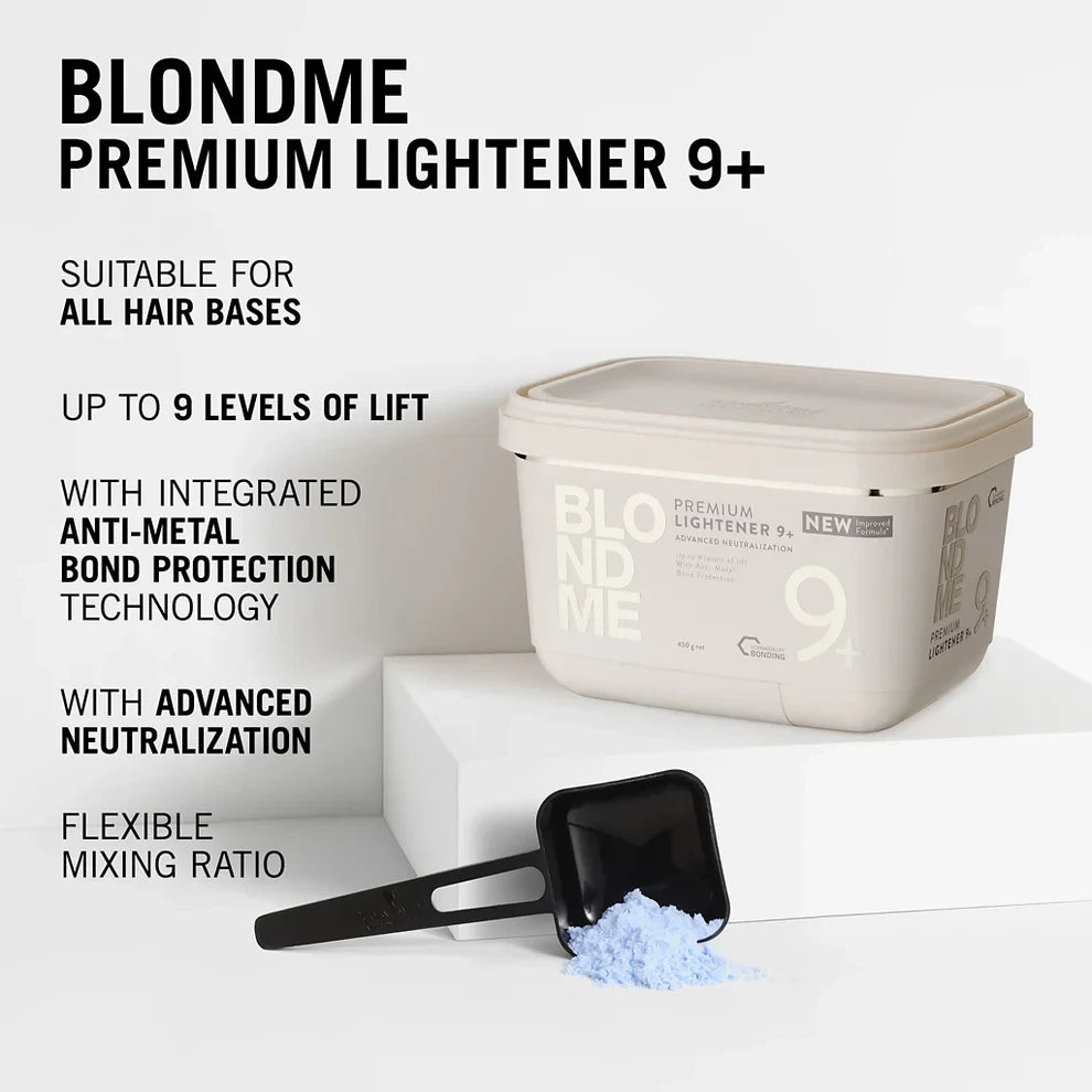 BLONDME Premium Lightener 9+ 450g with powder scoop and product benefits