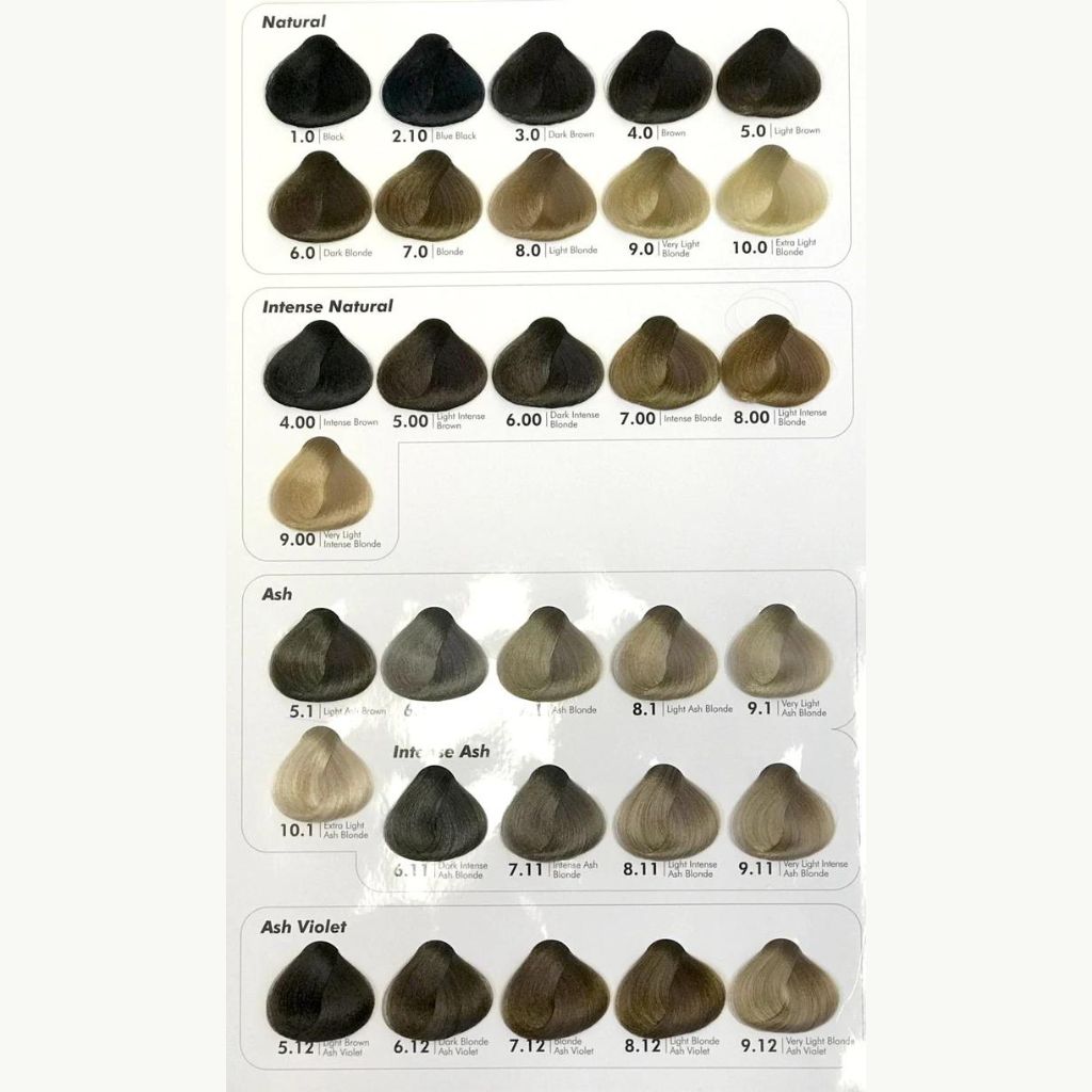 Hair colour chart with natural, intense natural, ash and ash violet shades.