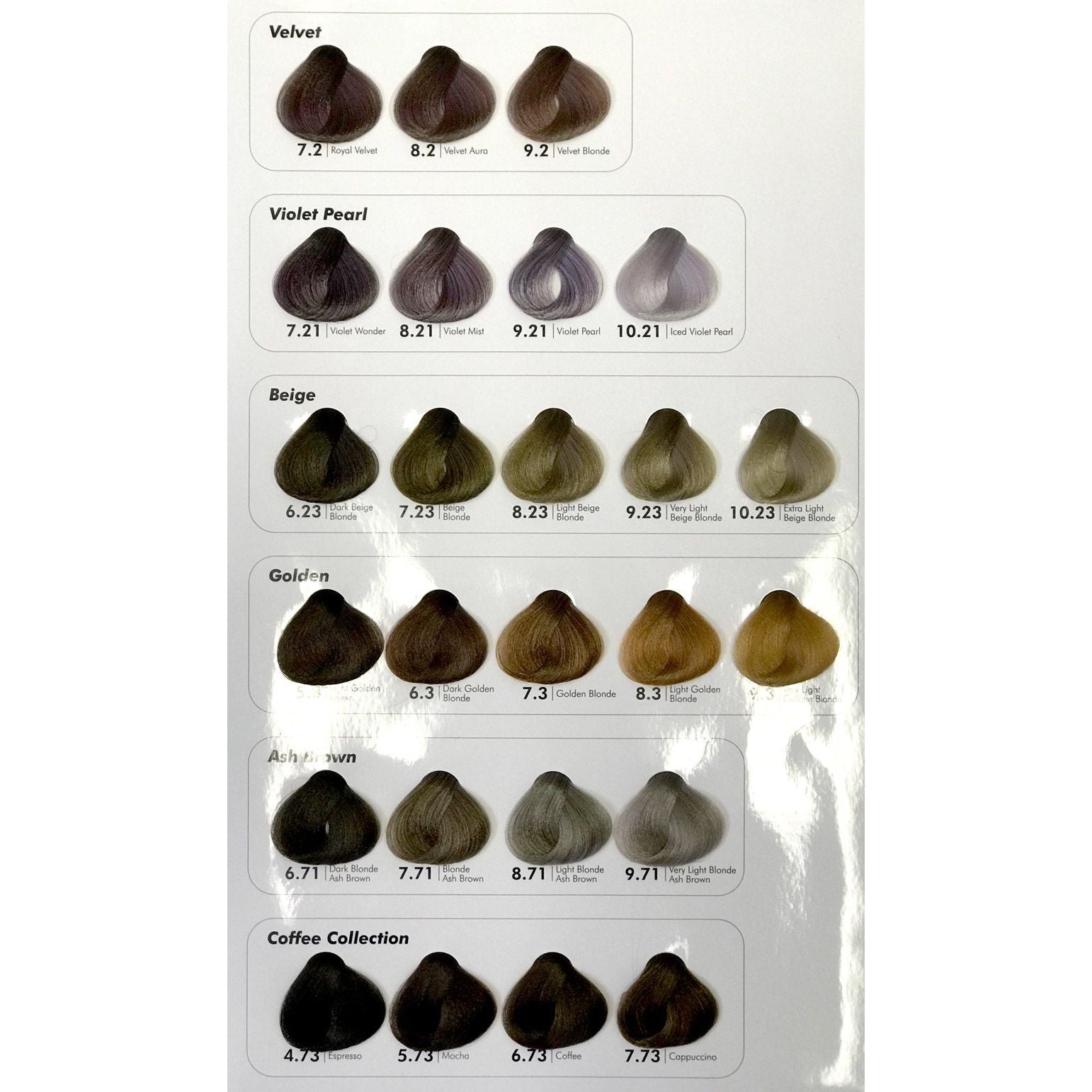 Hair colour chart by Cristalli featuring velvet, violet, beige, golden, ash brown and coffee collection.