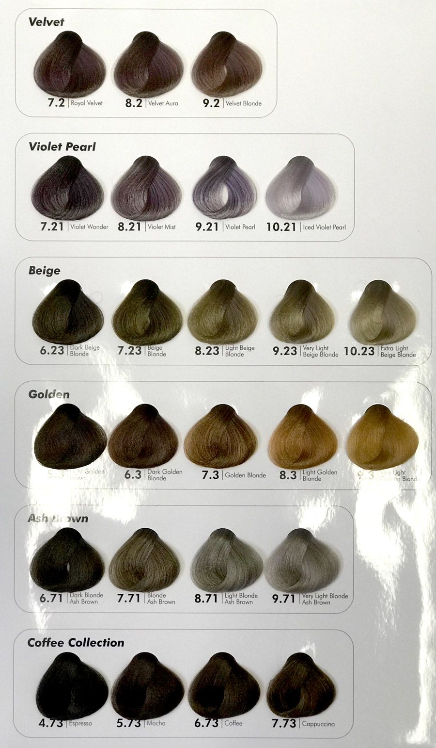 Hair colour chart by Cristalli featuring velvet, violet, beige, golden, ash brown and coffee collection.