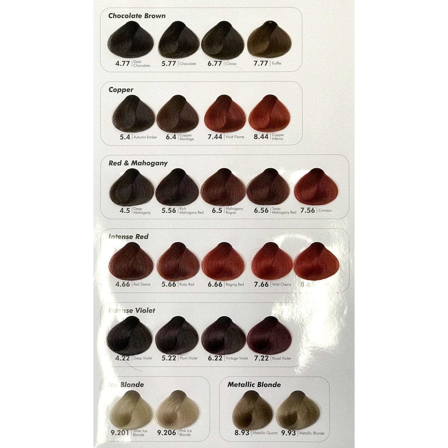 Hair colour chart by Cristalli featuring chocolate brown, copper, red, intense red, violet, blonde and metallic blonde shades..