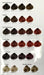 Hair colour chart by Cristalli featuring chocolate brown, copper, red, intense red, violet, blonde and metallic blonde shades..