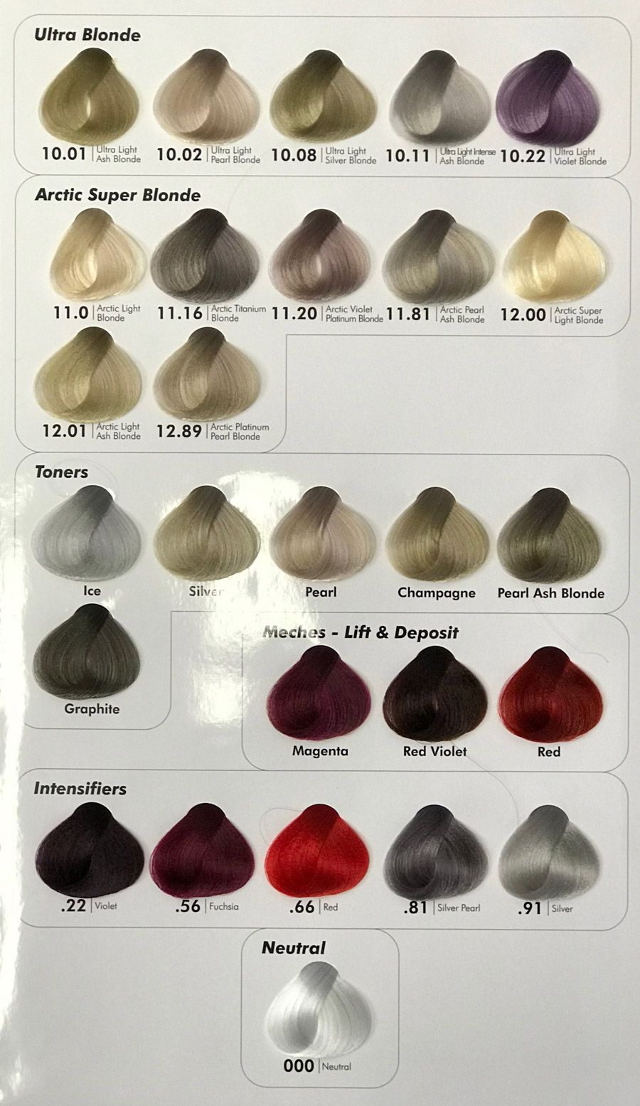 Hair colour chart by Cristalli featuring ultra blonde, artic super blonde, toners and intensifiers..
