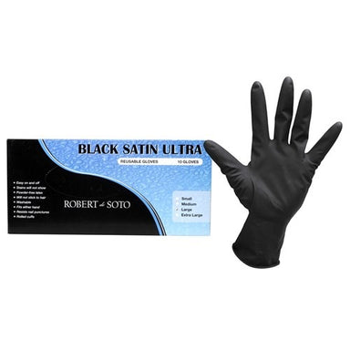 Black satin ultra rubber gloves to keep your hands clean and protected.